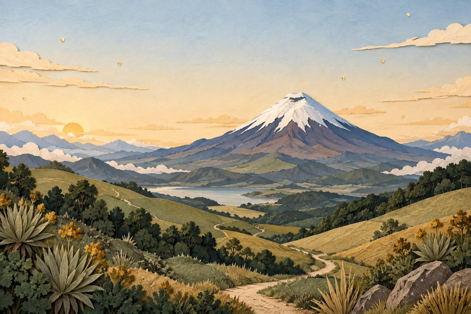 Paisaje imaginado de montañas y un camino entre el páramo