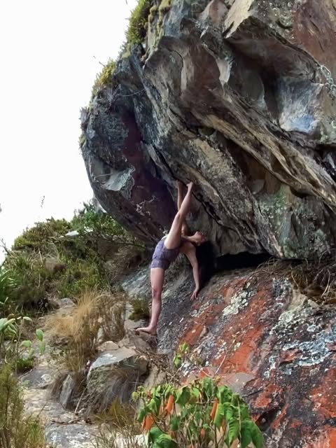 Dana escalando una roca